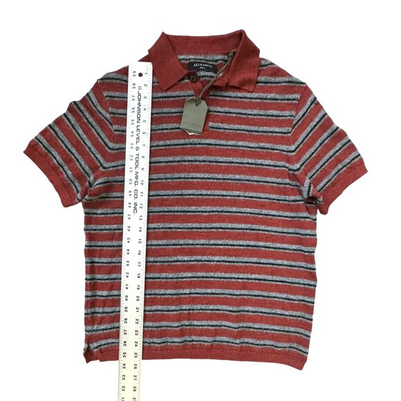 AllSaints Men's Stafford SS Polo Shirt Red/Grey Stripes Wool Alpaca Blend S - Picture 7 of 7